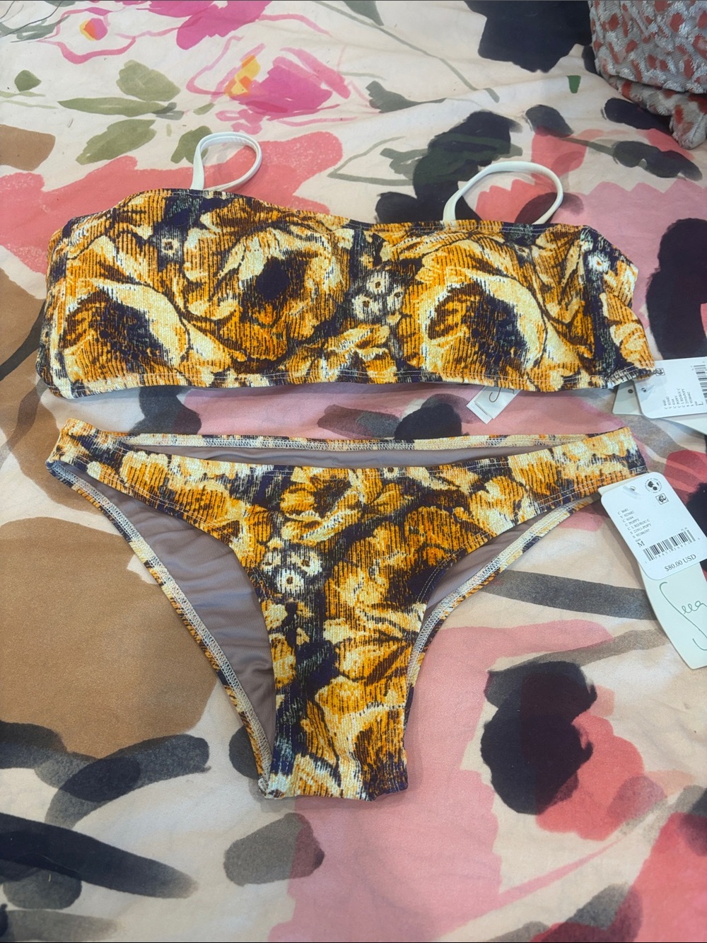 Free People Yellow and Black Floral Bandeau Bikini